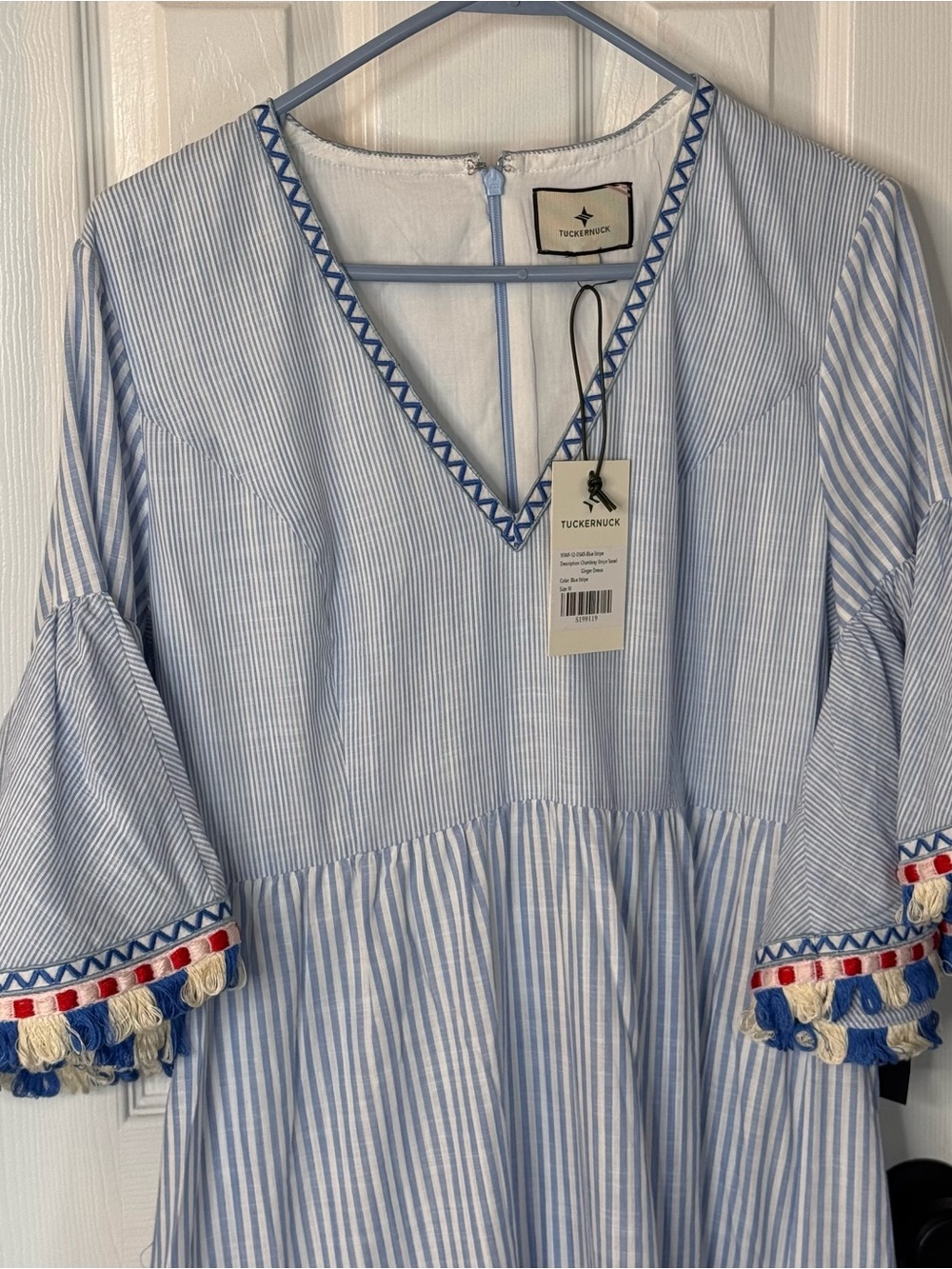 Tuckernuck Blue Striped Maxi Dress with Multicolor Fringe ladies Medium - Picture 3 of 12